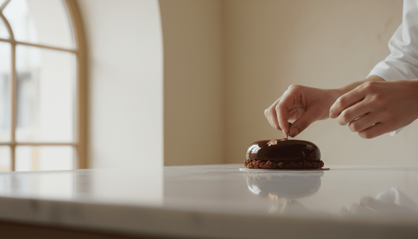 Mains d'un artisan pâtissier posant une finition dorée sur un dessert chocolaté en boutique