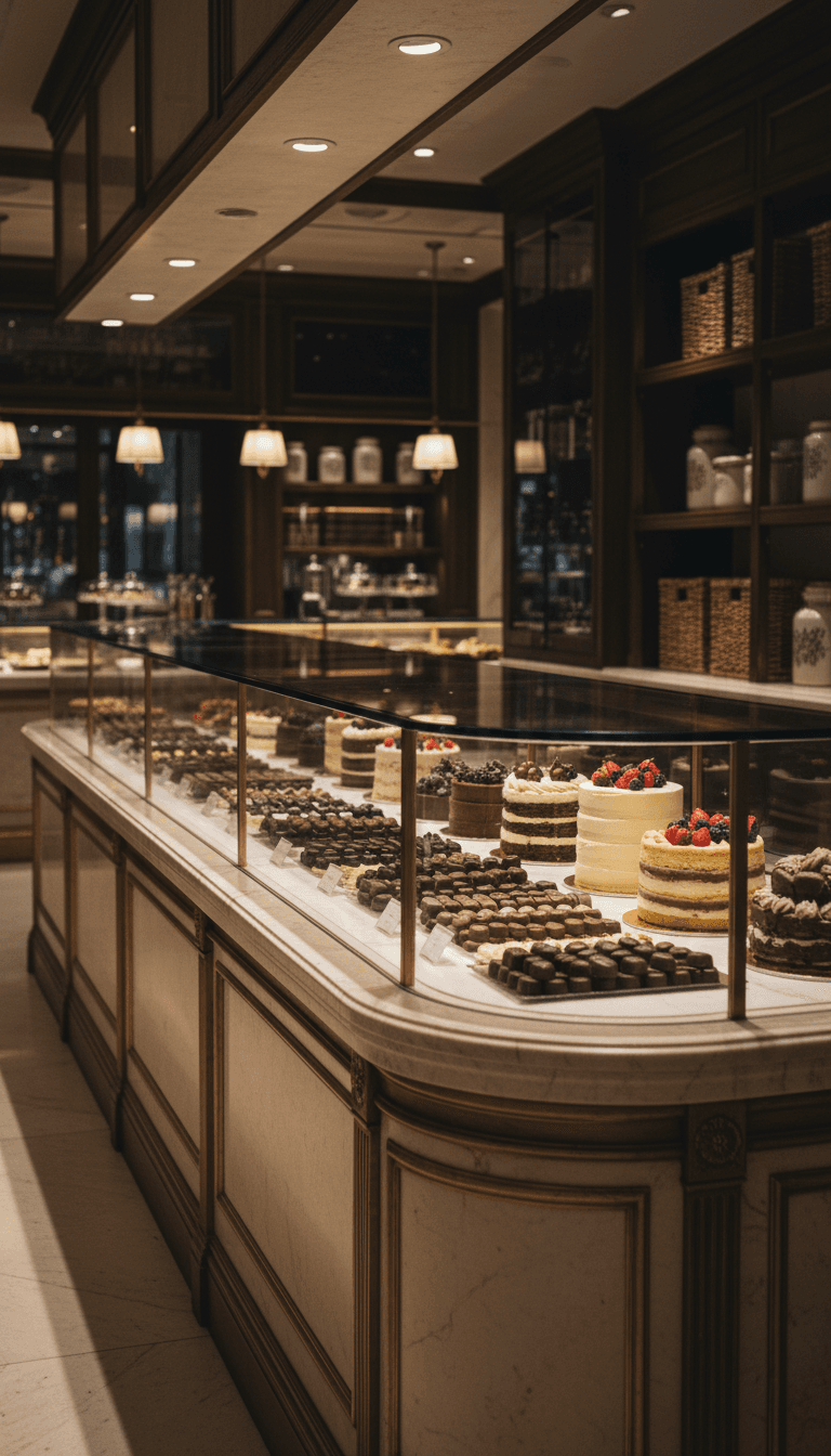 Comptoir de la boutique avec vitrines de pâtisseries et chocolats
