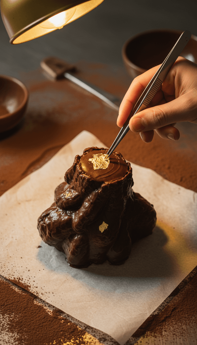 Geste de finition à la feuille d’or sur une création en chocolat