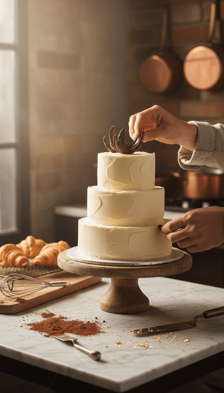 Pâtissier posant une décoration en chocolat sur un gâteau à Besançon