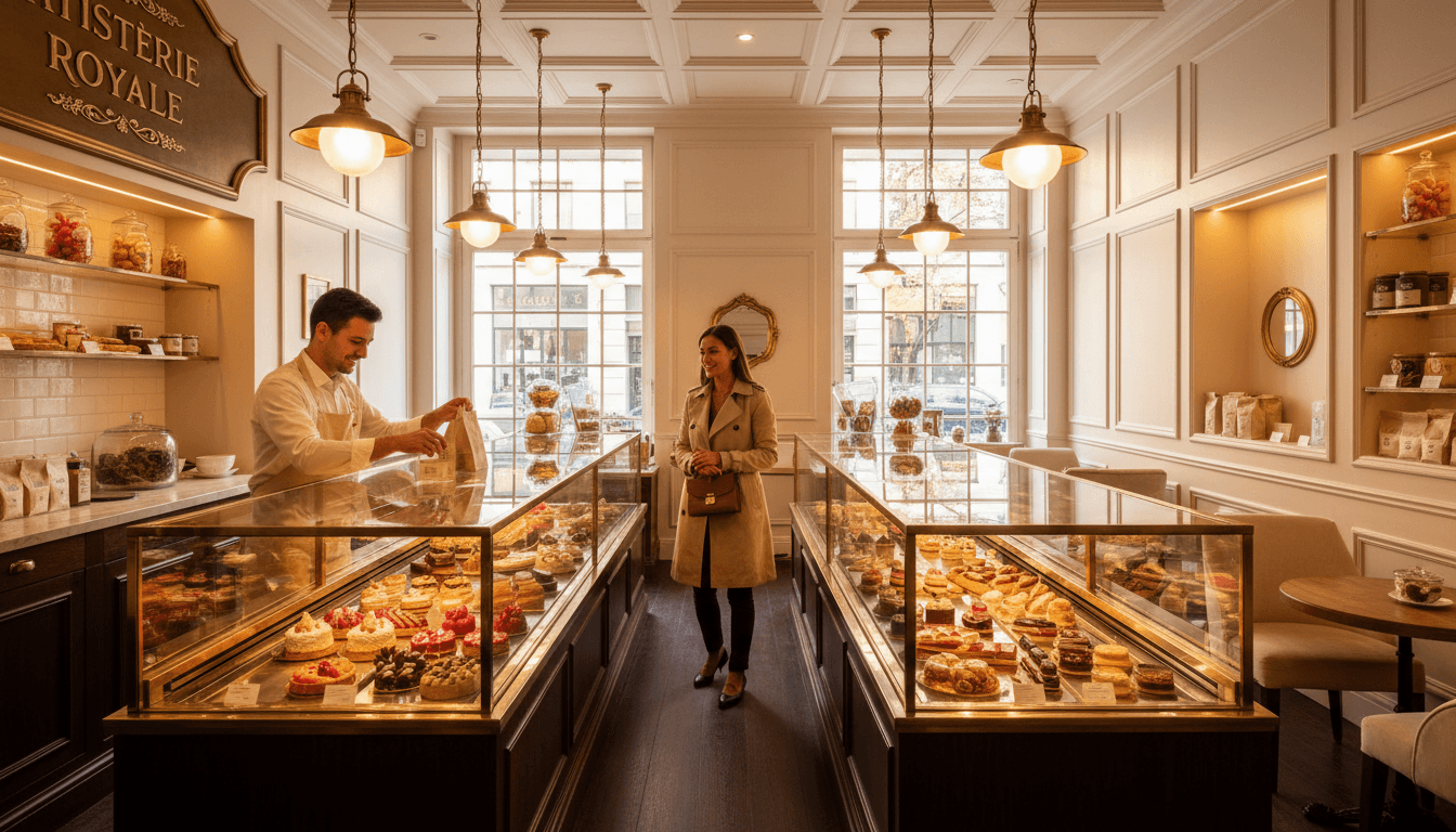 Client dégustant une pâtisserie dans une boutique élégante des Délices Bisontins
