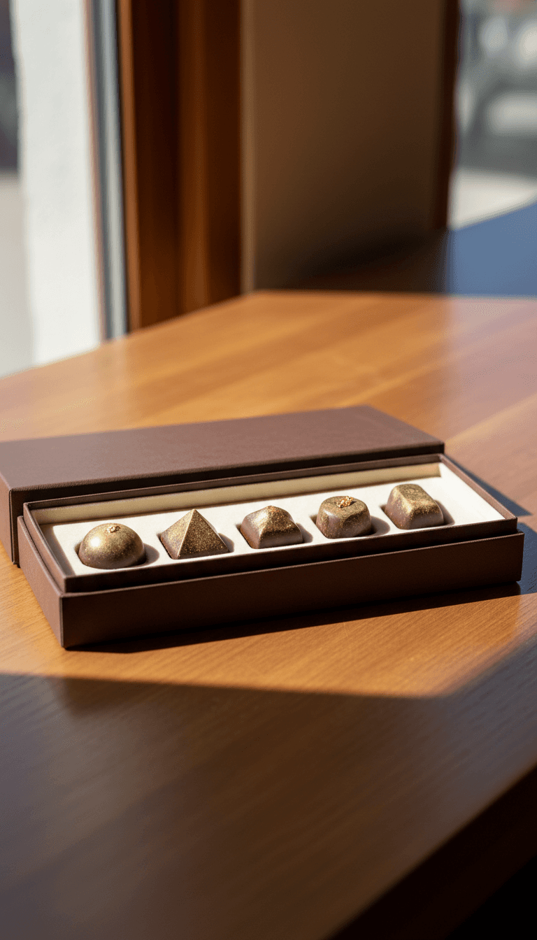 Open elegant gift box lined in cream velvet with artisan chocolates arranged inside