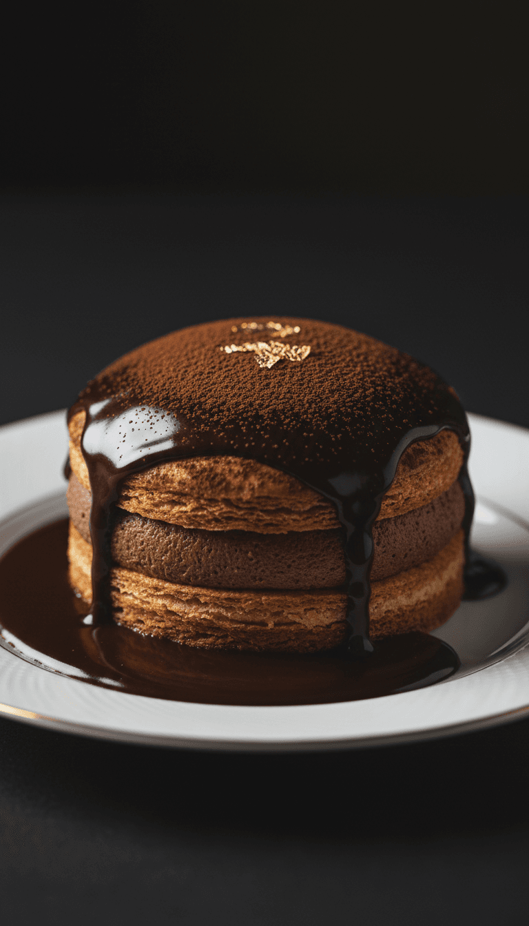 Pâtisserie signature au chocolat et or fin sur assiette en porcelaine