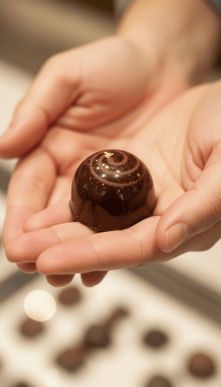Chocolat praliné tenu en main avec un fond lumineux de boutique