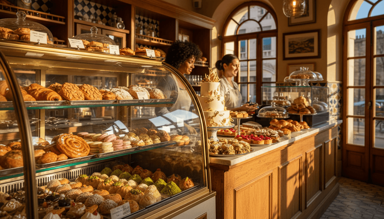 Intérieur chaleureux de la boutique Les Délices Bisontins avec présentoir de pâtisseries et chocolats
