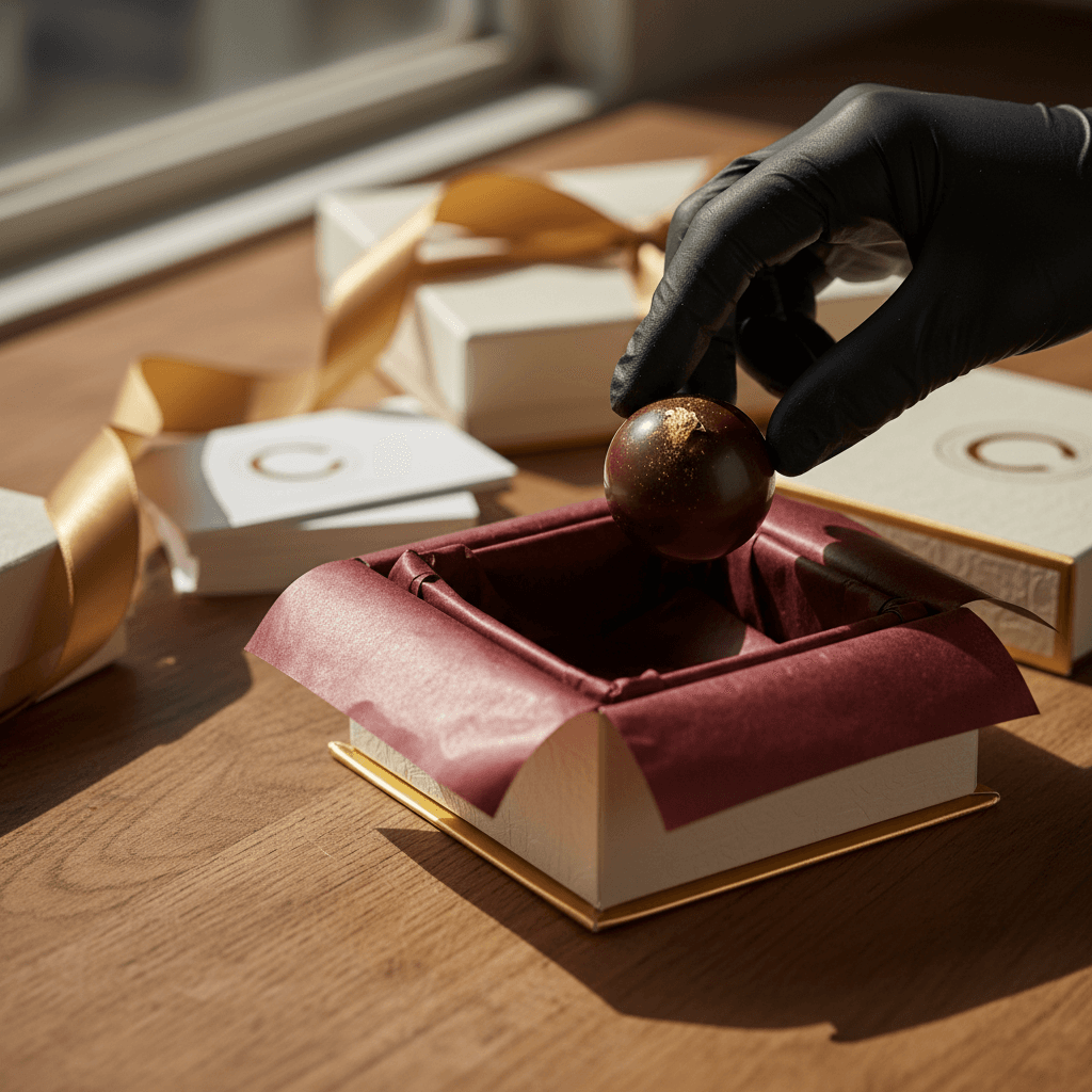 Chocolatier hands placing handcrafted bonbon into luxury silk-lined gift box under warm natural light