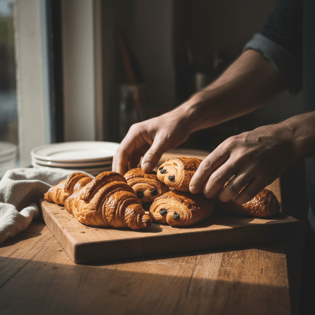 Baker's hands arranging golden croissants and pain au chocolat on wooden board with soft natural light