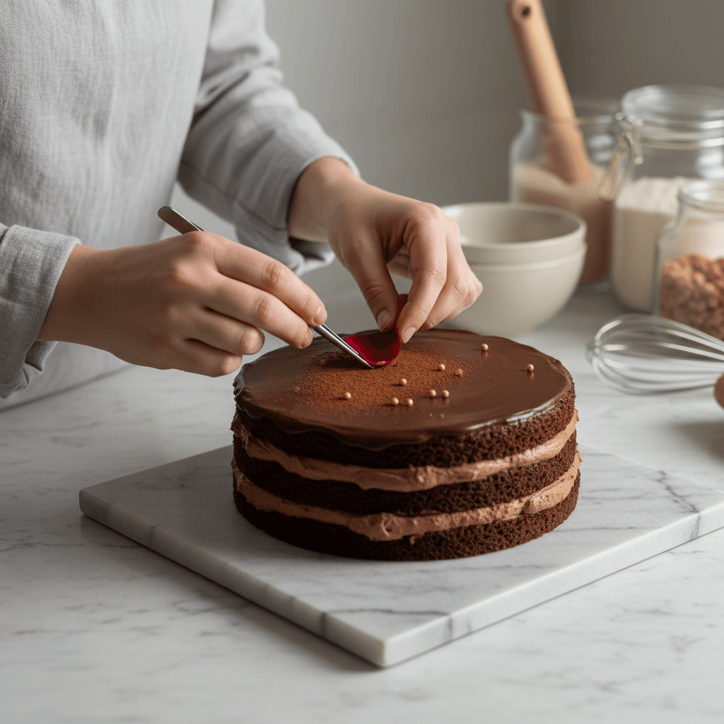Pastry chef hands decorating a layered chocolate cake with garnish on marble countertop