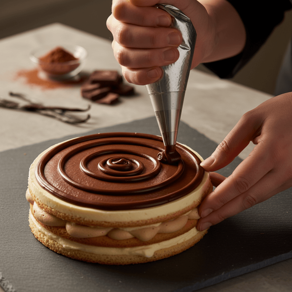 Pastry chef's hands piping dark chocolate ganache onto layered dessert with precision and artisanal skill