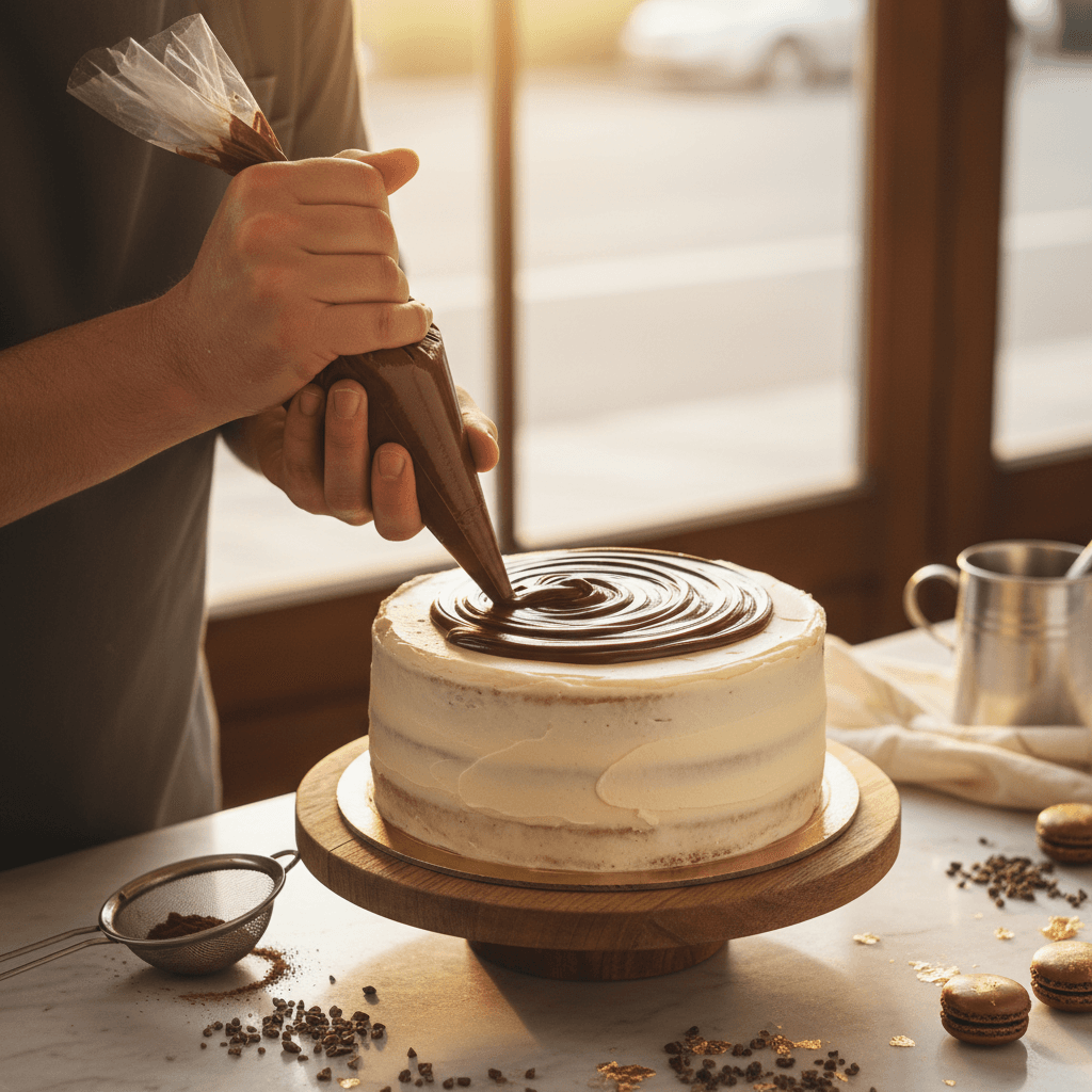 Baker's hands piping chocolate ganache decoration onto freshly frosted layer cake with natural light