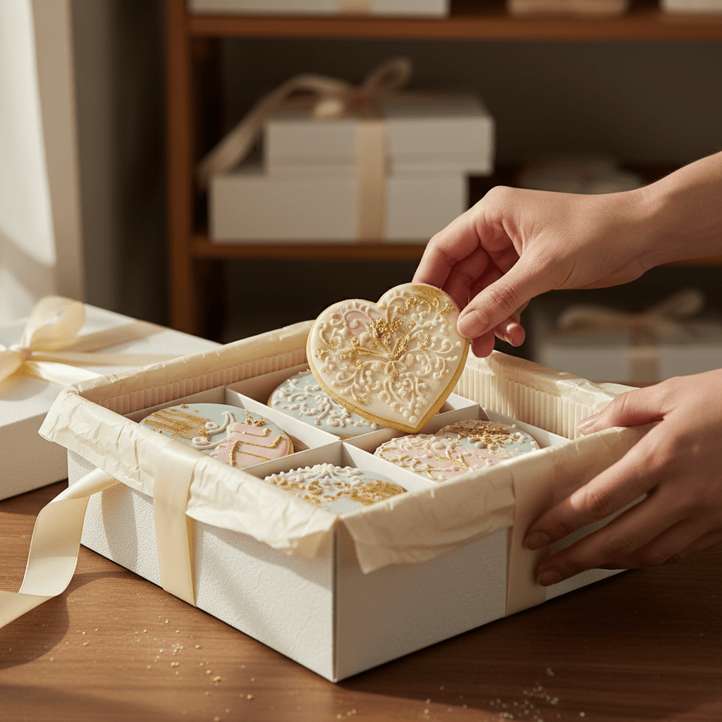 Baker's hands carefully arranging decorated gourmet cookies into elegant premium gift box with ribbons and tissue paper
