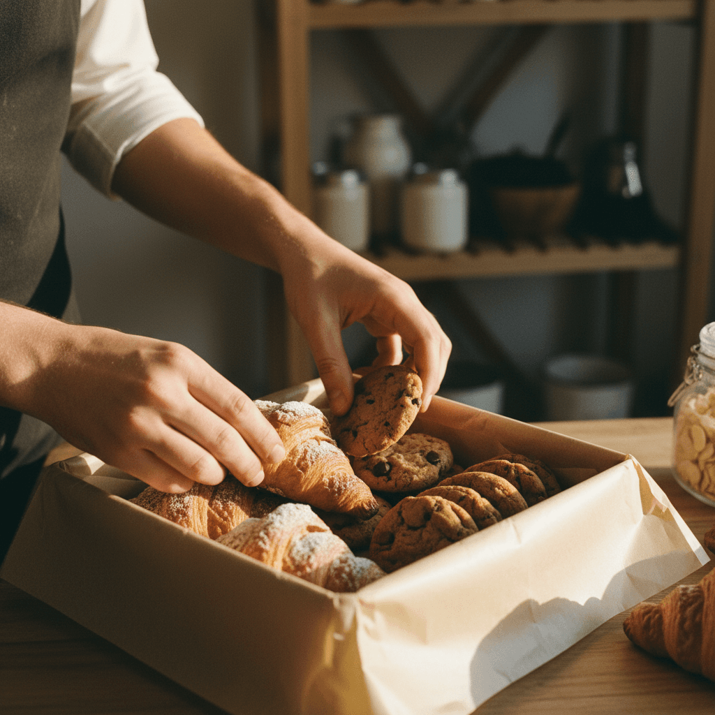 Coffret ouvert avec pâtisseries et chocolats assortis
