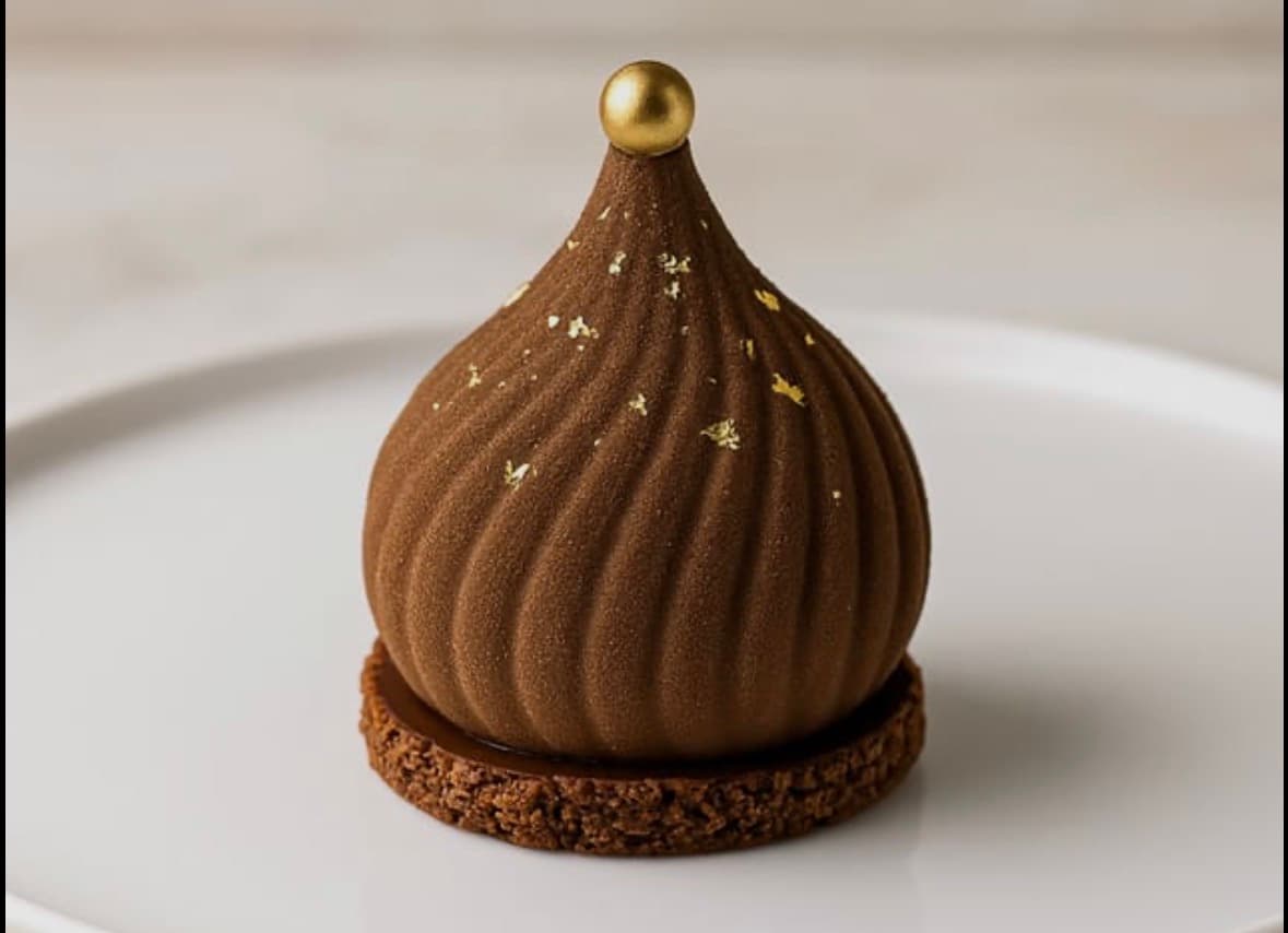 Pâtisserie au chocolat velouté avec spirales, éclats d'or et perle dorée sur une assiette blanche.